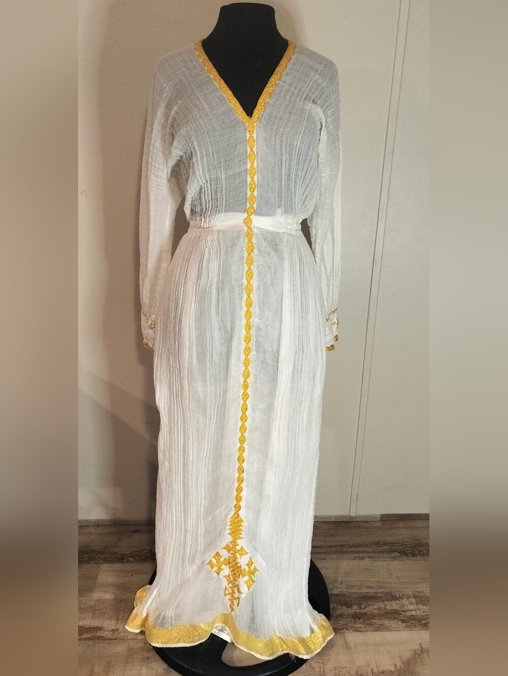 White Maxi Dress with Gold Trim - Long Sleeve V-Neck